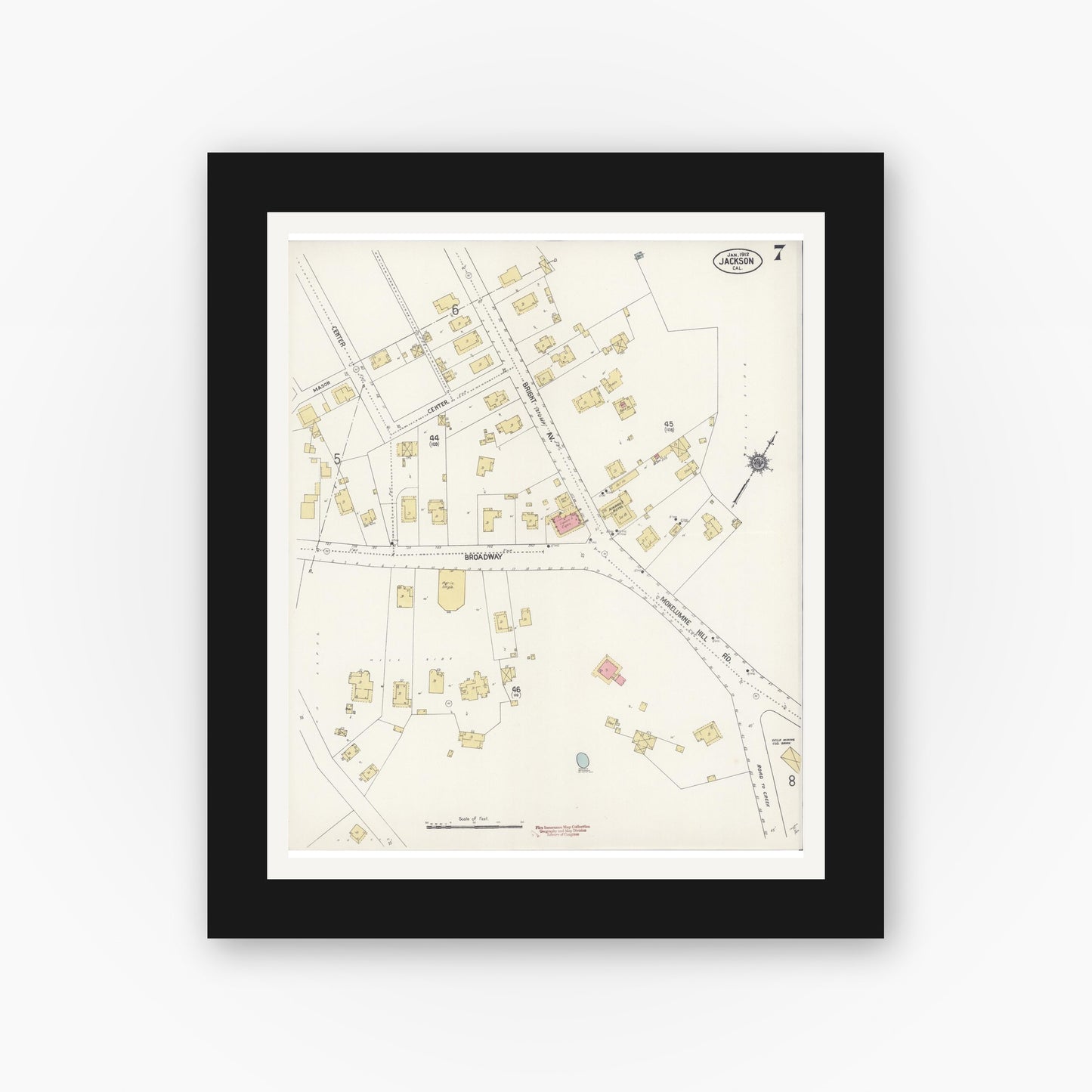 Old map wall art mockup — black gallery frame with white mat — Sanborn Fire Insurance Map from Jackson, Amador County, California (1912), Sheet #0007