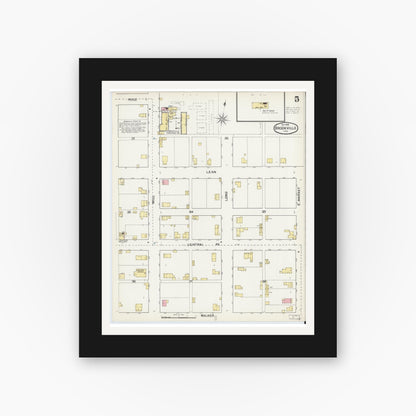 Old map wall art mockup — black gallery frame with white mat — Sanborn Fire Insurance Map from Brookville, Franklin County, Indiana (1892), Sheet #0005
