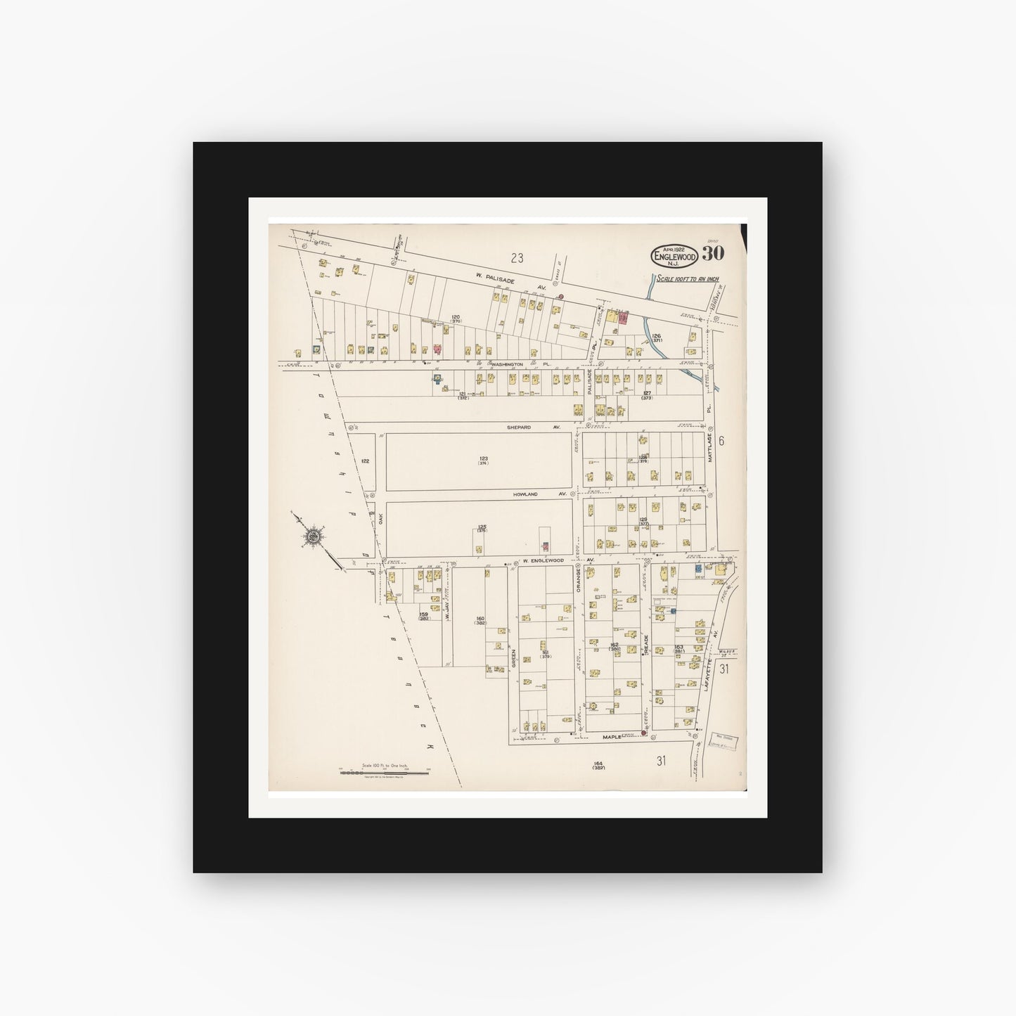 Old map wall art mockup — black gallery frame with white mat — Sanborn Fire Insurance Map from Englewood, Bergen County, New Jersey (1922), Sheet #0030