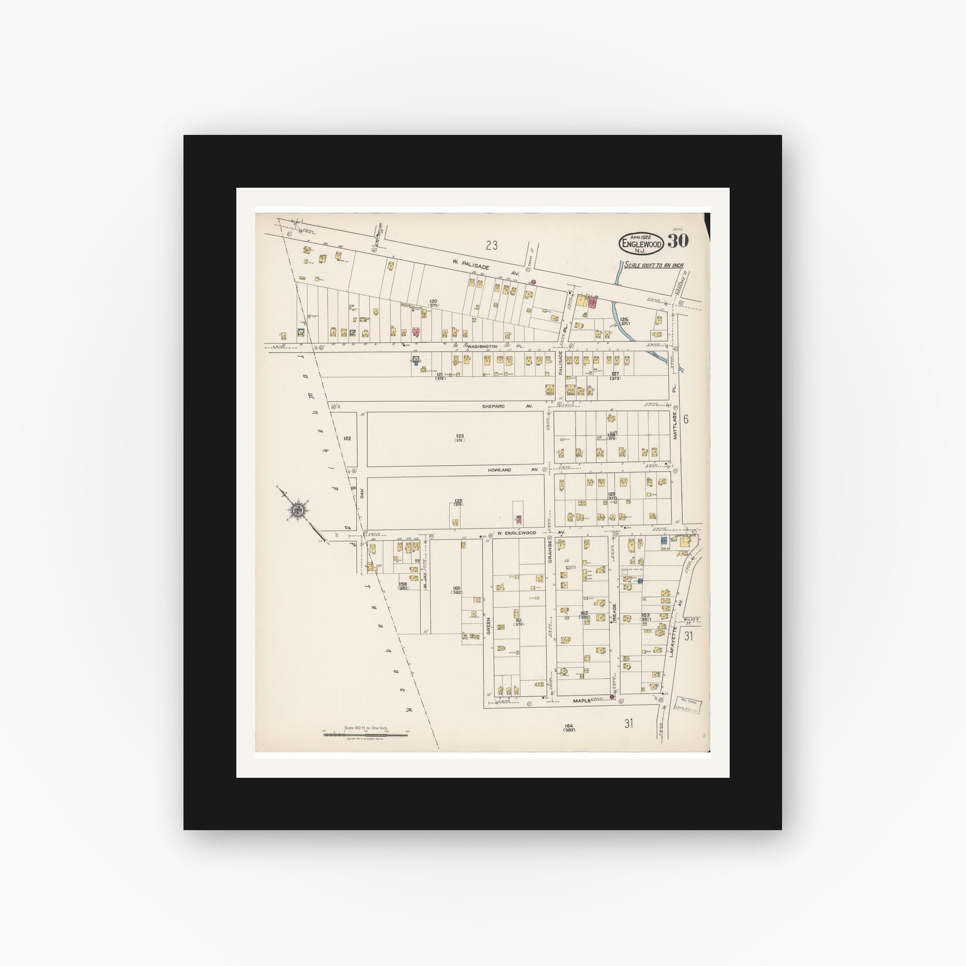 Old map wall art mockup — black gallery frame with white mat — Sanborn Fire Insurance Map from Englewood, Bergen County, New Jersey (1922), Sheet #0030