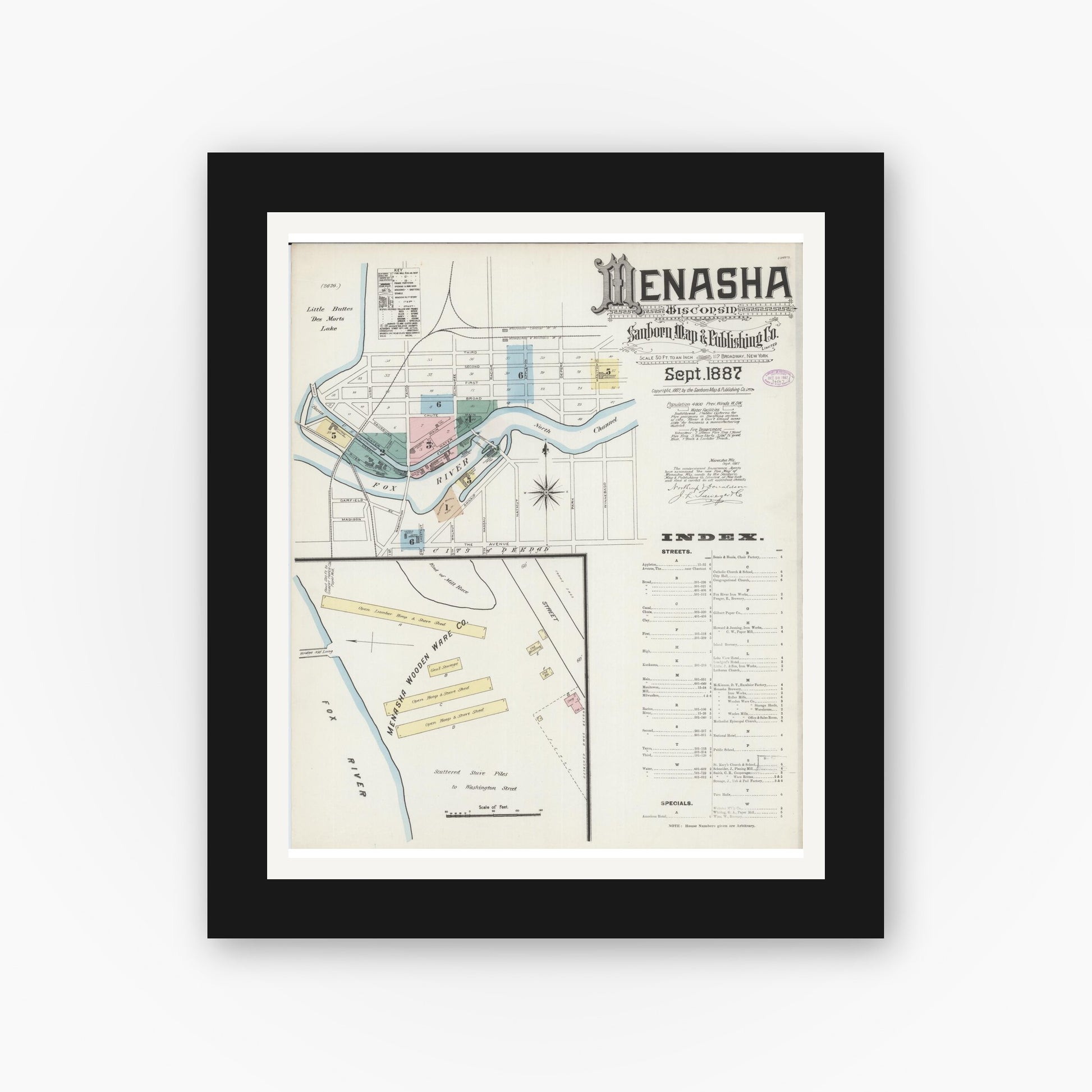 Old map wall art mockup — black gallery frame with white mat — Sanborn Fire Insurance Map from Menasha, Winnebago County, Wisconsin (1887), Sheet #0001