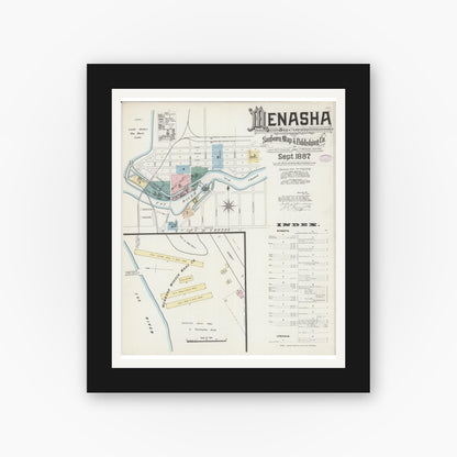 Old map wall art mockup — black gallery frame with white mat — Sanborn Fire Insurance Map from Menasha, Winnebago County, Wisconsin (1887), Sheet #0001