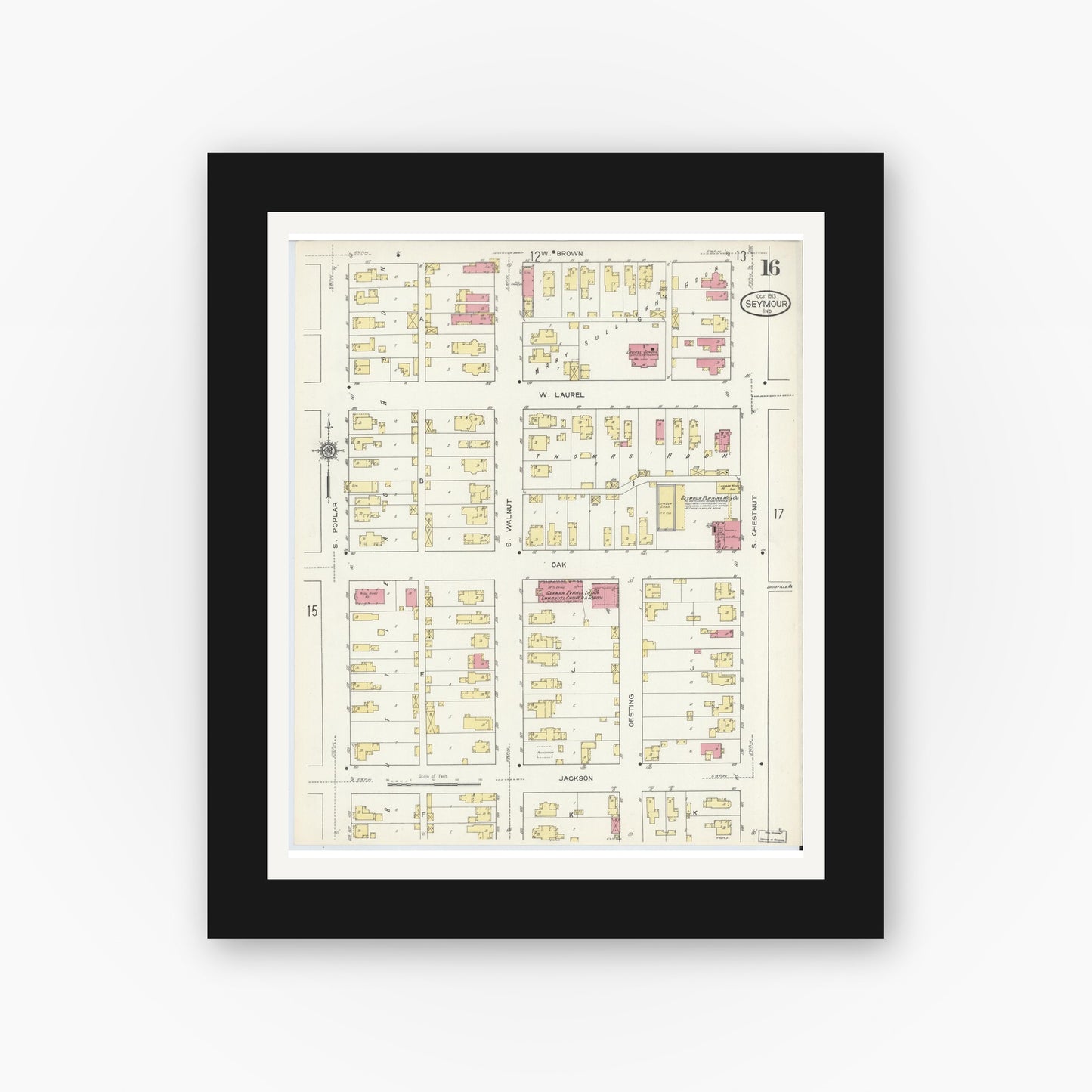 Old map wall art mockup — black gallery frame with white mat — Sanborn Fire Insurance Map from Seymour, Jackson County, Indiana (1913), Sheet #0016