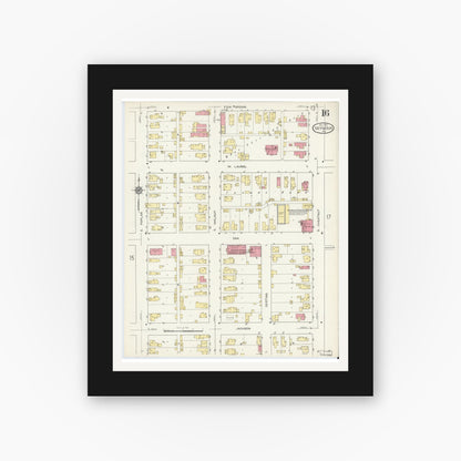 Old map wall art mockup — black gallery frame with white mat — Sanborn Fire Insurance Map from Seymour, Jackson County, Indiana (1913), Sheet #0016