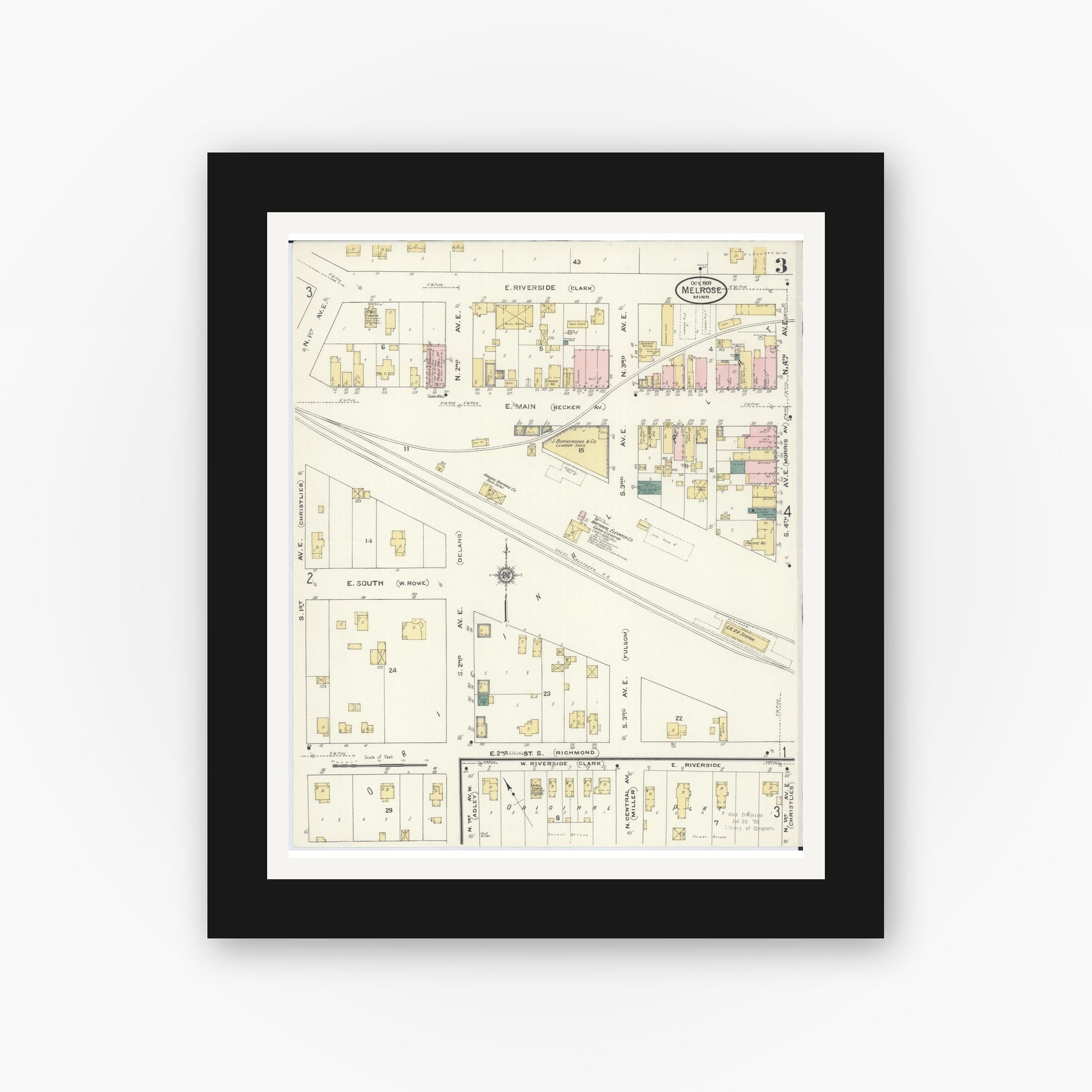 Old map wall art mockup — black gallery frame with white mat — Sanborn Fire Insurance Map from Melrose, Stearns County, Minnesota (1909), Sheet #0003