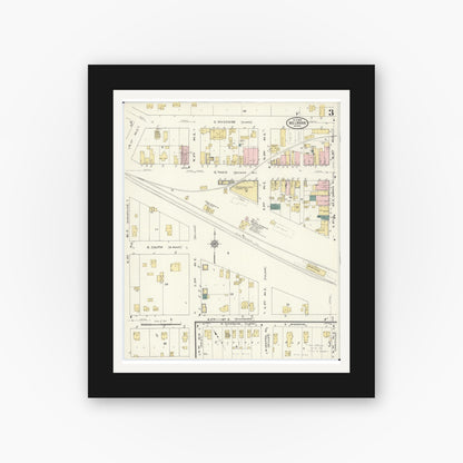 Old map wall art mockup — black gallery frame with white mat — Sanborn Fire Insurance Map from Melrose, Stearns County, Minnesota (1909), Sheet #0003
