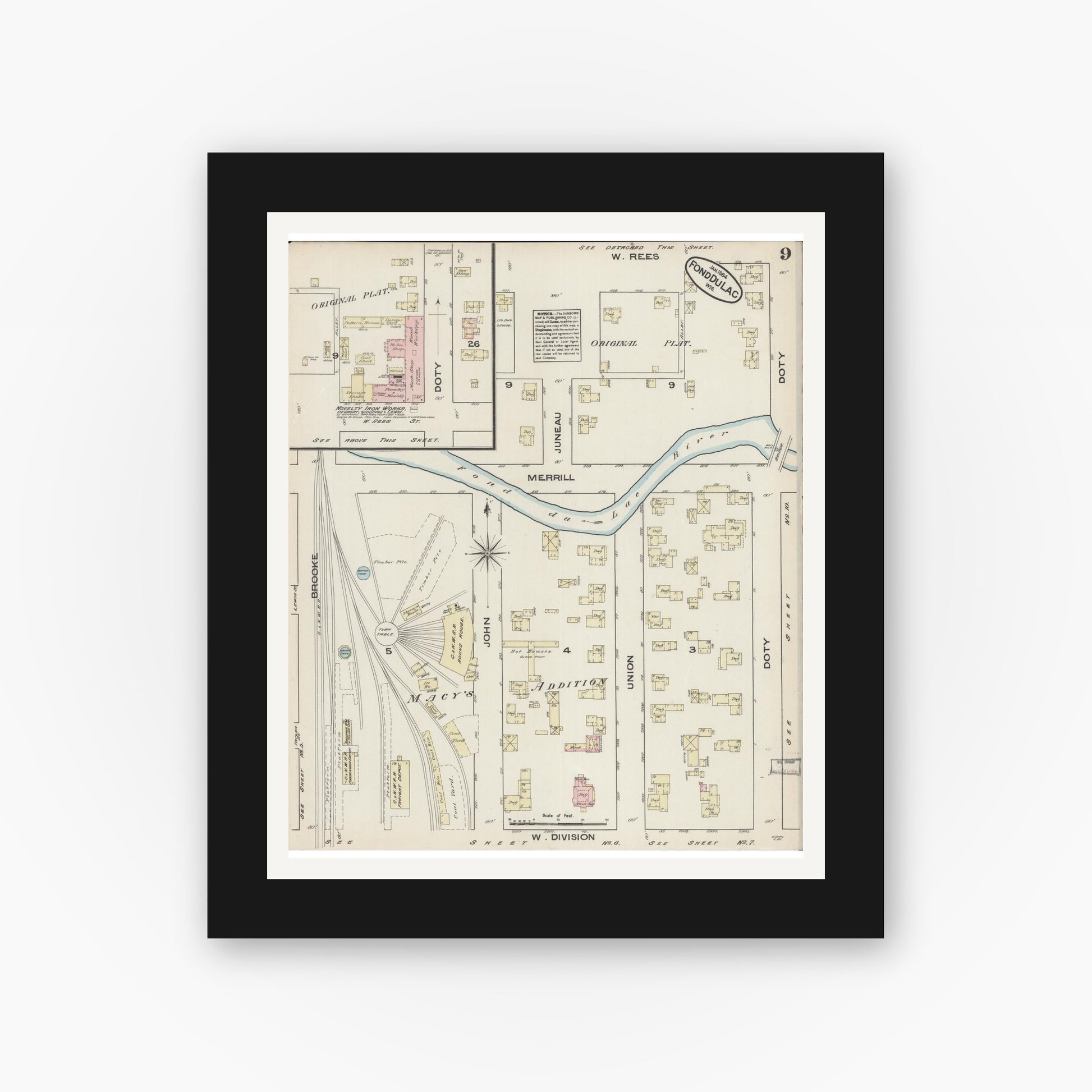 Old map wall art mockup — black gallery frame with white mat — Sanborn Fire Insurance Map from Fond du Lac, Fond du Lac County, Wisconsin (1884), Sheet #0009