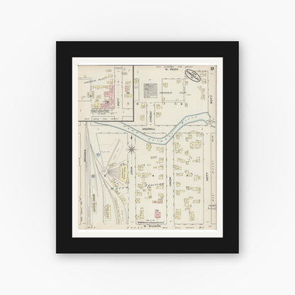 Old map wall art mockup — black gallery frame with white mat — Sanborn Fire Insurance Map from Fond du Lac, Fond du Lac County, Wisconsin (1884), Sheet #0009