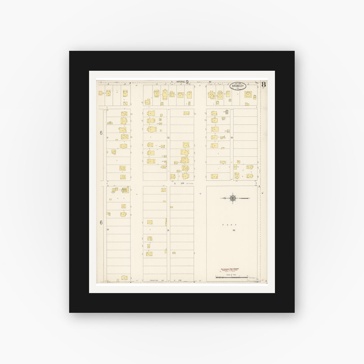 Old map wall art mockup — black gallery frame with white mat — Sanborn Fire Insurance Map from Brawley, Imperial County, California (1916), Sheet #0008