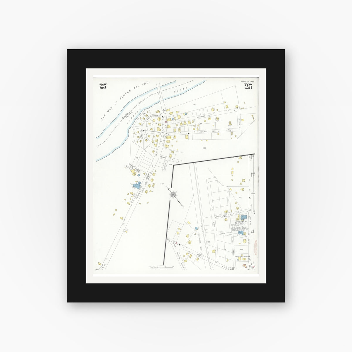 Old map wall art mockup — black gallery frame with white mat — Sanborn Fire Insurance Map from Needham, Norfolk County, Massachusetts (1937), Sheet #0025