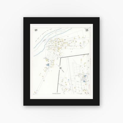 Old map wall art mockup — black gallery frame with white mat — Sanborn Fire Insurance Map from Needham, Norfolk County, Massachusetts (1937), Sheet #0025