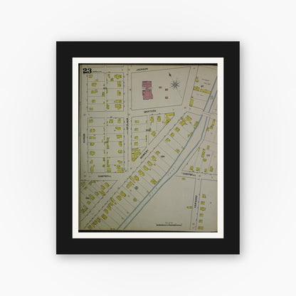 Old map wall art mockup — black gallery frame with white mat — Sanborn Fire Insurance Map from Akron, Summit County, Ohio (1892), Sheet #0023
