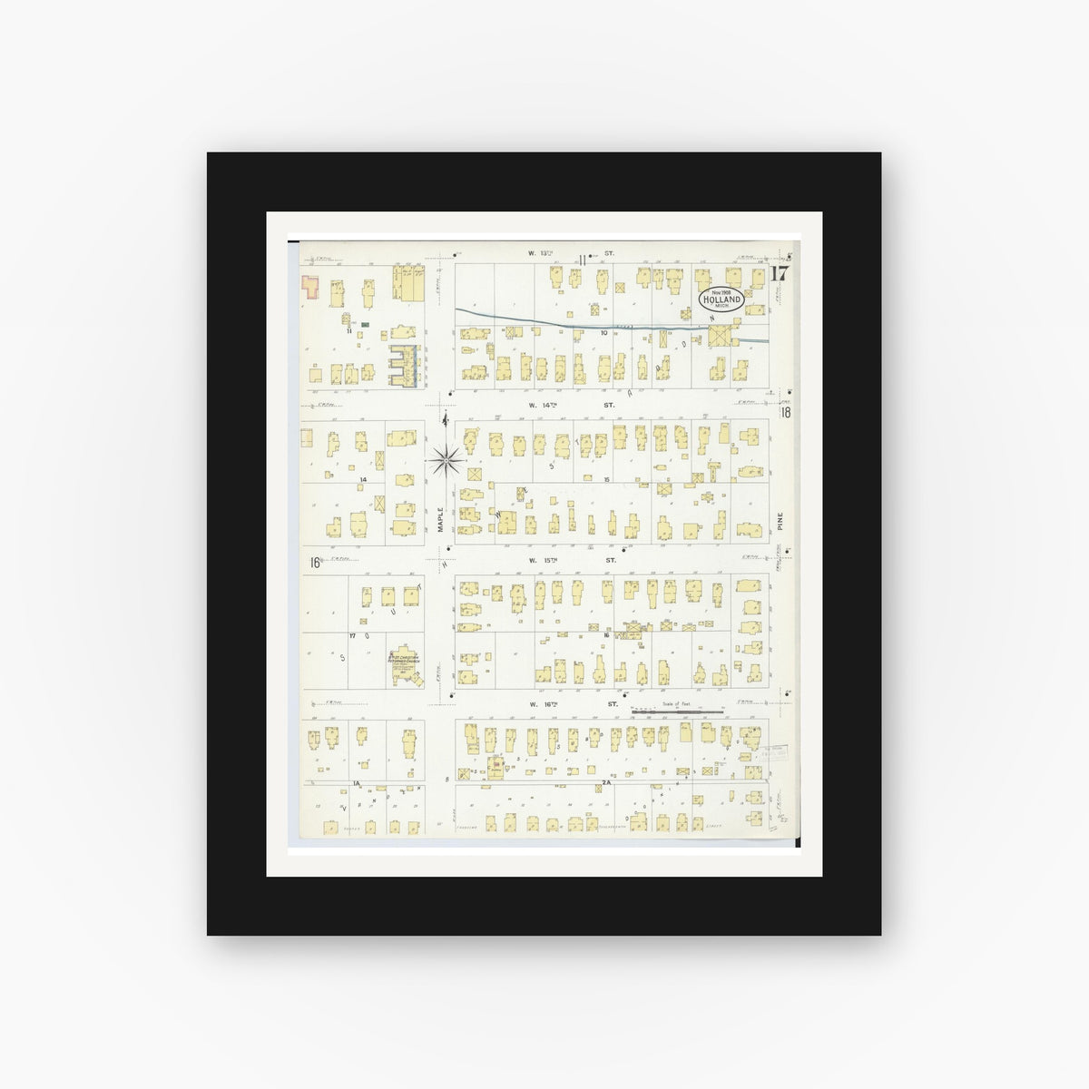Old map wall art mockup — black gallery frame with white mat — Sanborn Fire Insurance Map from Holland, Ottawa County, Michigan (1908), Sheet #0017