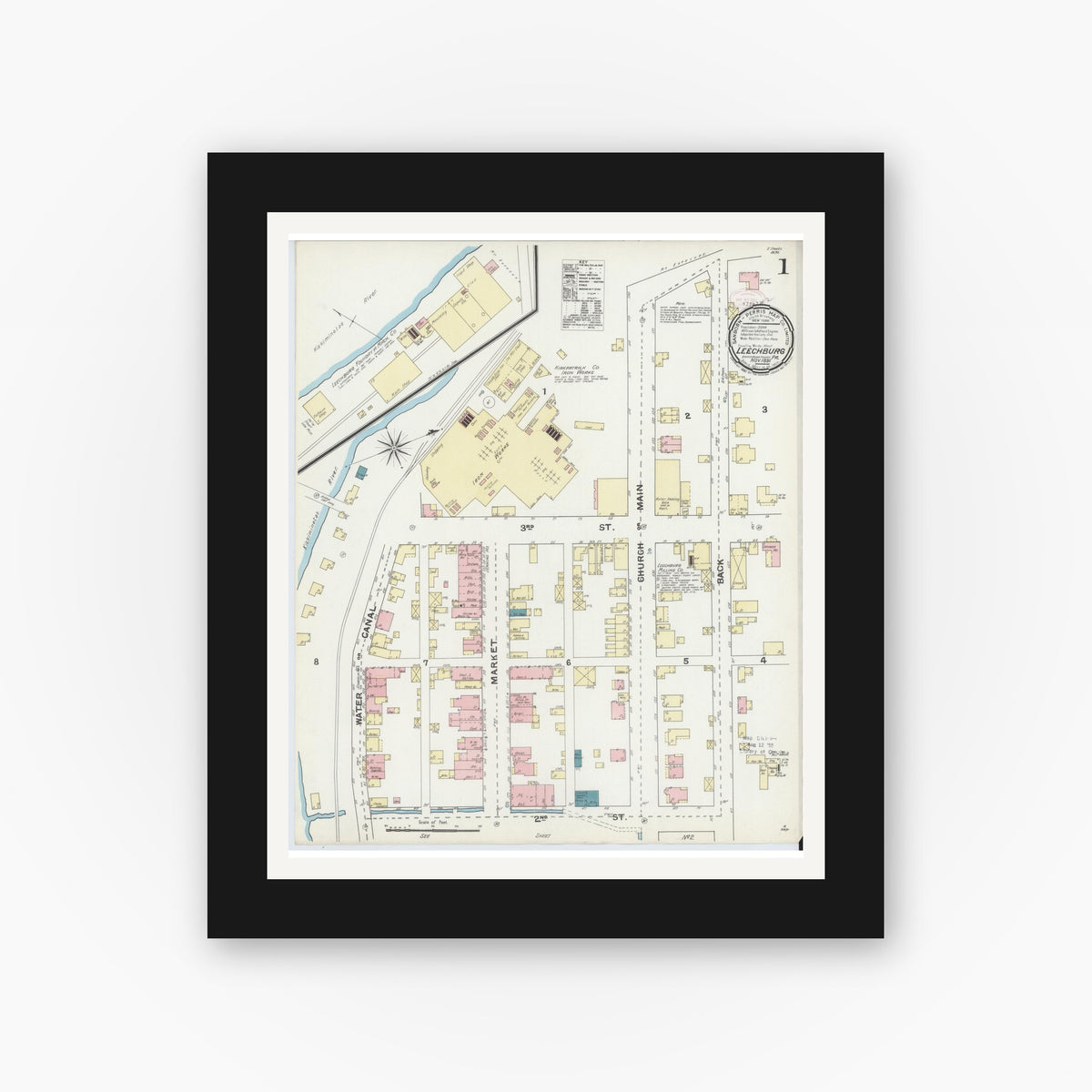 Old map wall art mockup — black gallery frame with white mat — Sanborn Fire Insurance Map from Leechburg, Armstrong County, Pennsylvania (1891) - Complete Map Set