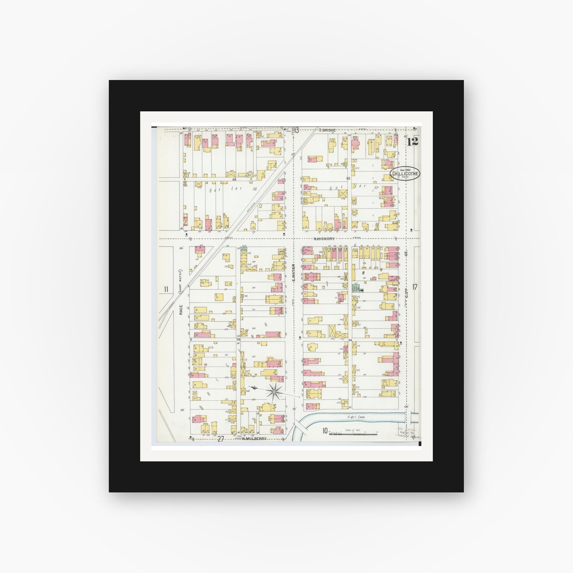 Old map wall art mockup — black gallery frame with white mat — Sanborn Fire Insurance Map from Chillicothe, Ross County, Ohio (1900), Sheet #0012