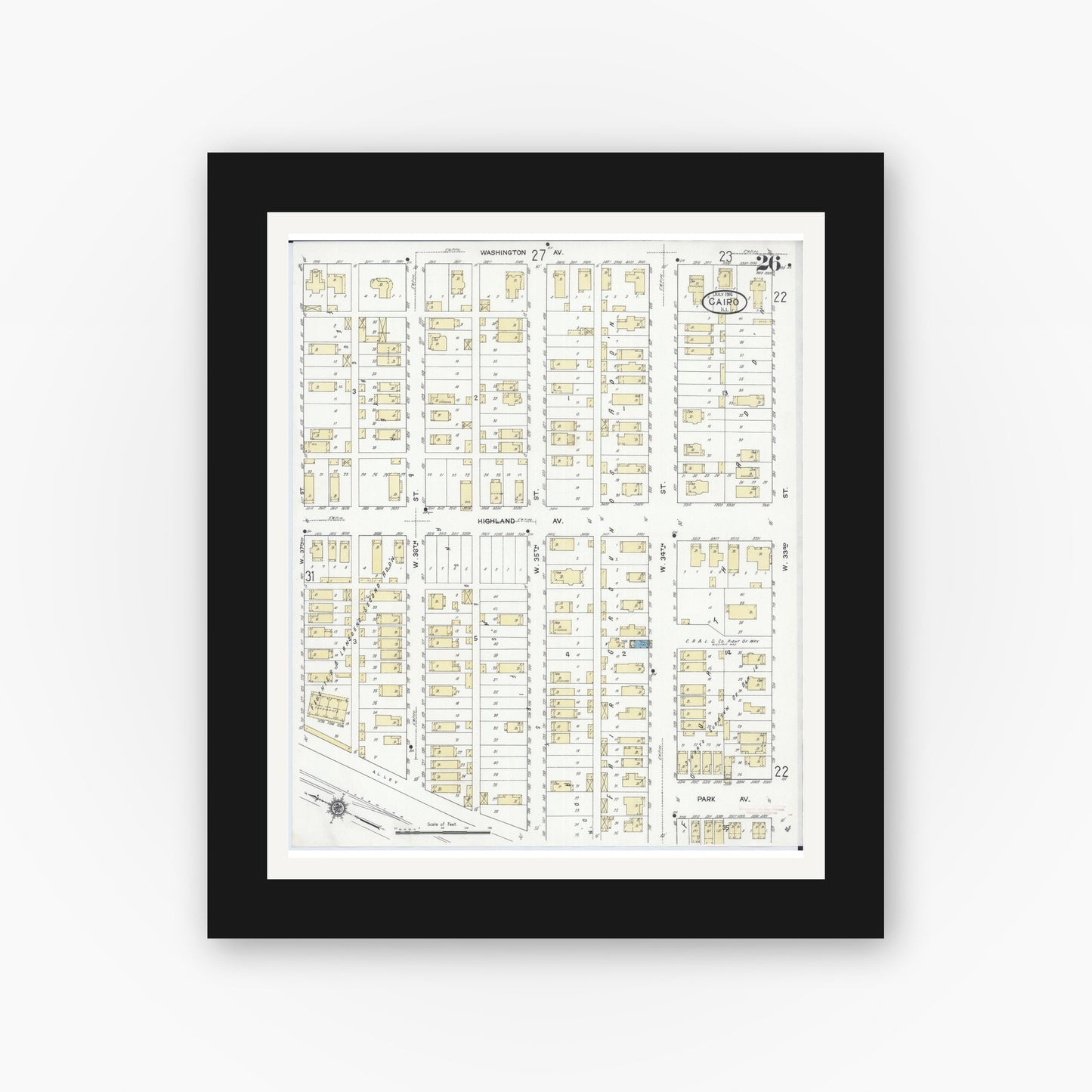 Old map wall art mockup — black gallery frame with white mat — Sanborn Fire Insurance Map from Cairo, Alexander County, Illinois (1914), Sheet #0026