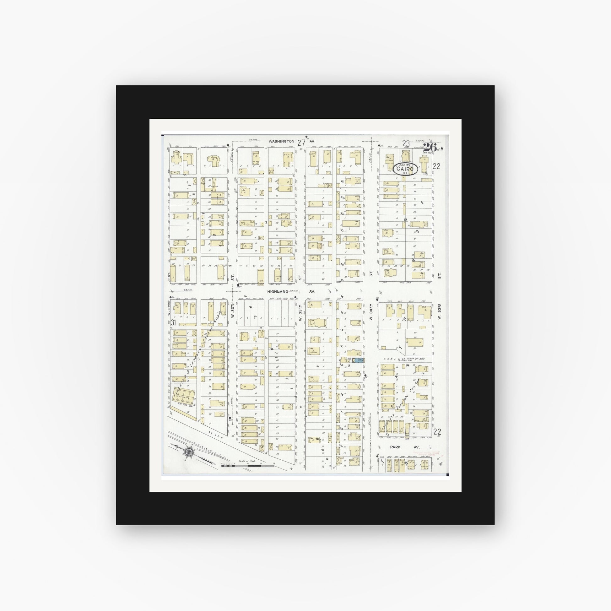 Old map wall art mockup — black gallery frame with white mat — Sanborn Fire Insurance Map from Cairo, Alexander County, Illinois (1914), Sheet #0026