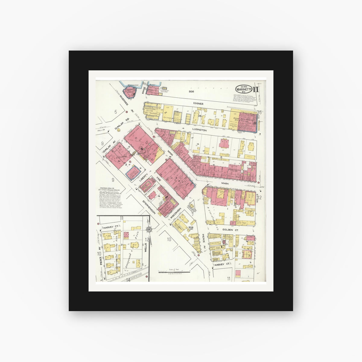 Old map wall art mockup — black gallery frame with white mat — Sanborn Fire Insurance Map from Marinette, Marinette County, Wisconsin (1921), Sheet #0011
