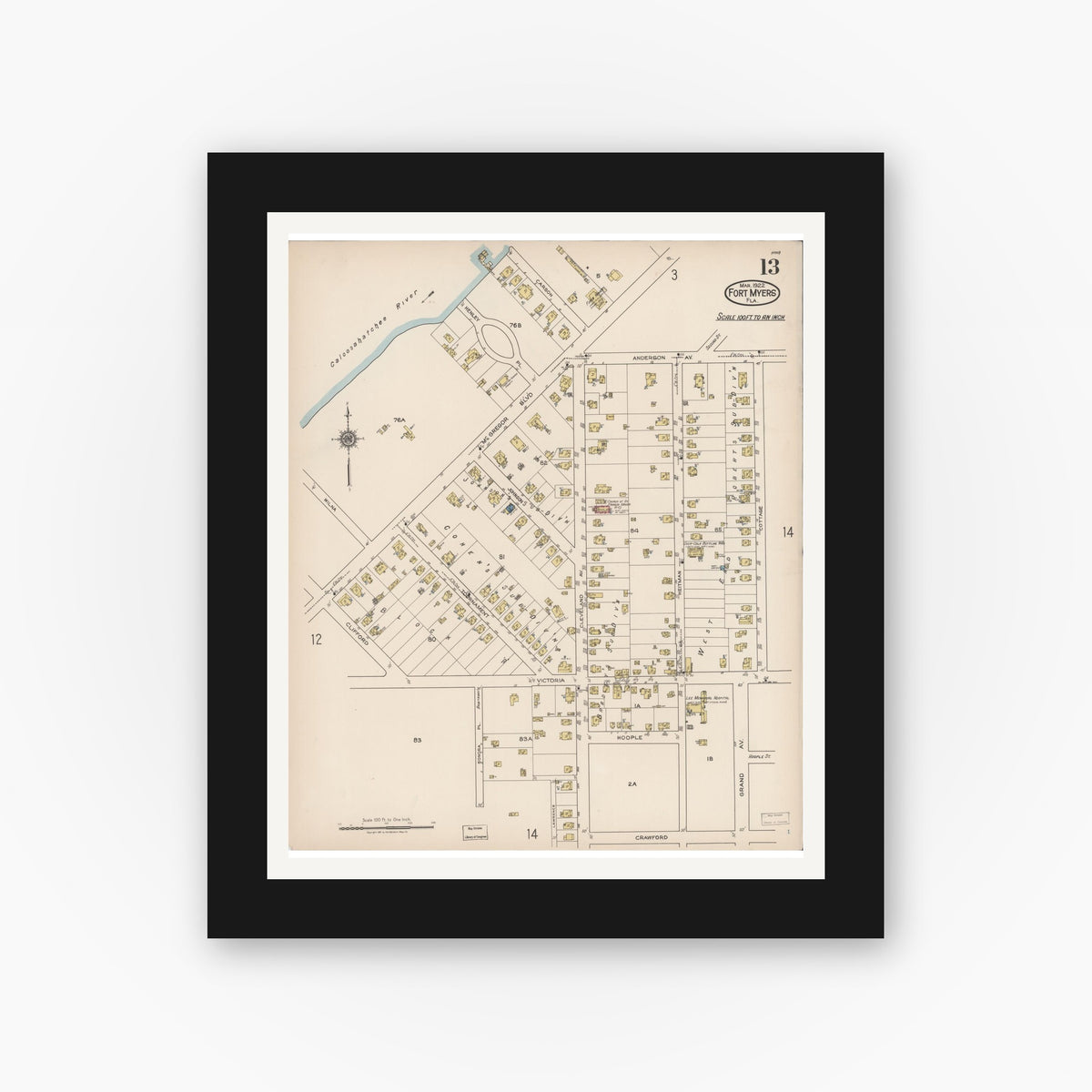 Old map wall art mockup — black gallery frame with white mat — Sanborn Fire Insurance Map from Fort Myers, Lee County, Florida (1922), Sheet #0013