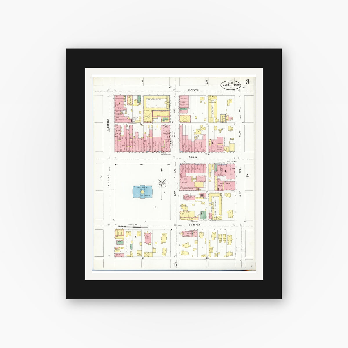 Old map wall art mockup — black gallery frame with white mat — Sanborn Fire Insurance Map from Marshalltown, Marshall County, Iowa (1901), Sheet #0003