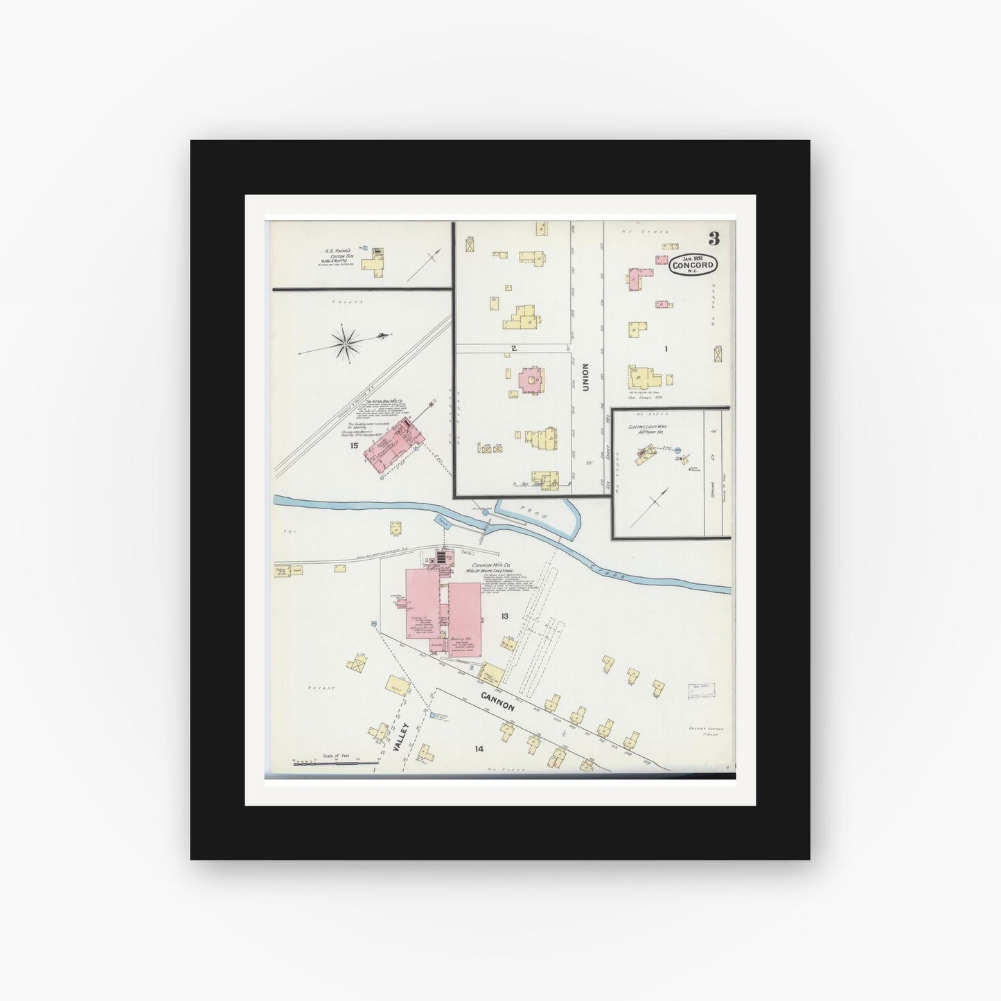 Old map wall art mockup — black gallery frame with white mat — Sanborn Fire Insurance Map from Concord, Cabarrus County, North Carolina (1892), Sheet #0003
