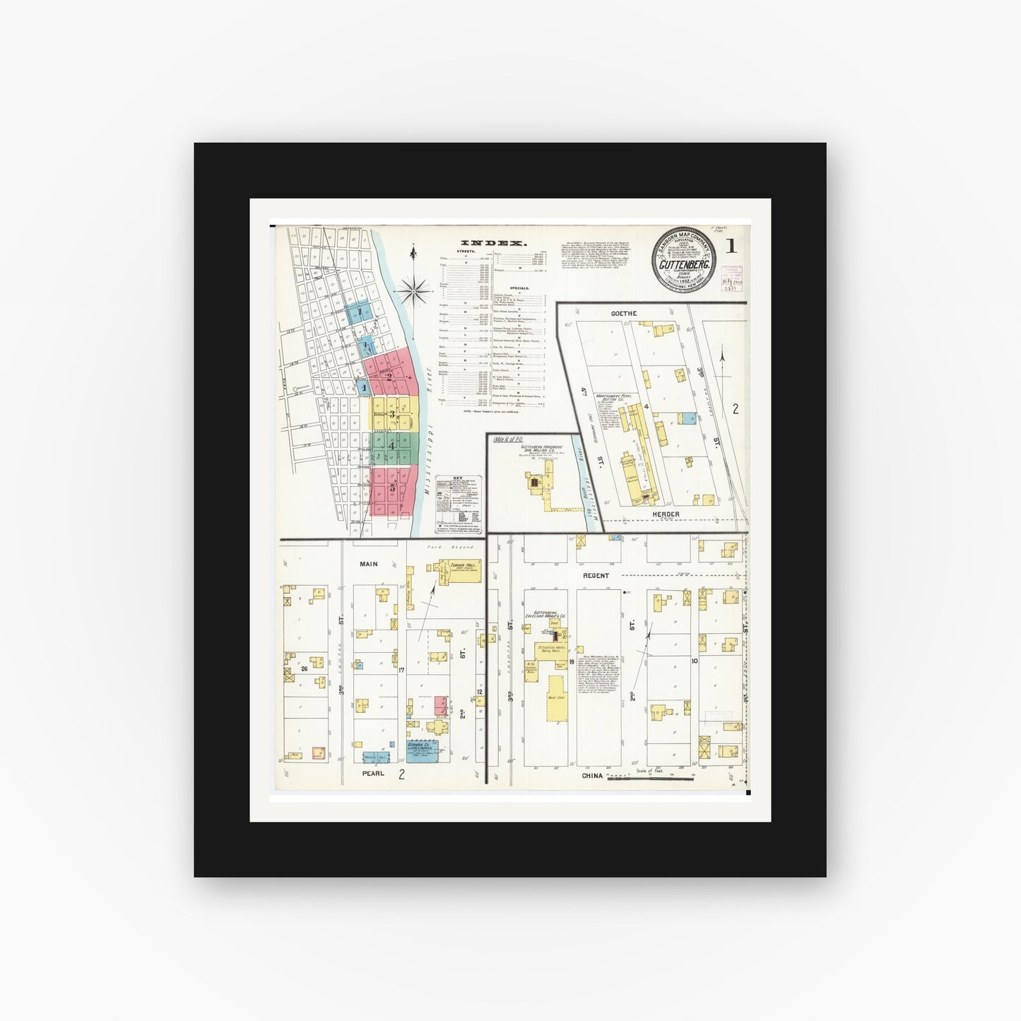 Old map wall art mockup — black gallery frame with white mat — Sanborn Fire Insurance Map from Guttenberg, Clayton County, Iowa (1902) â€” Complete Set