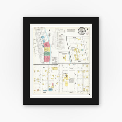 Old map wall art mockup — black gallery frame with white mat — Sanborn Fire Insurance Map from Guttenberg, Clayton County, Iowa (1902) â€” Complete Set