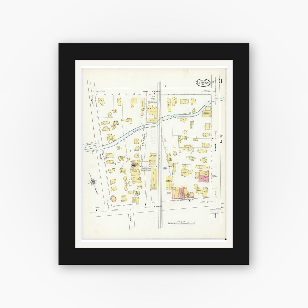 Old map wall art mockup — black gallery frame with white mat — Sanborn Fire Insurance Map from Bainbridge, Chenango County, New York (1912), Sheet #0003