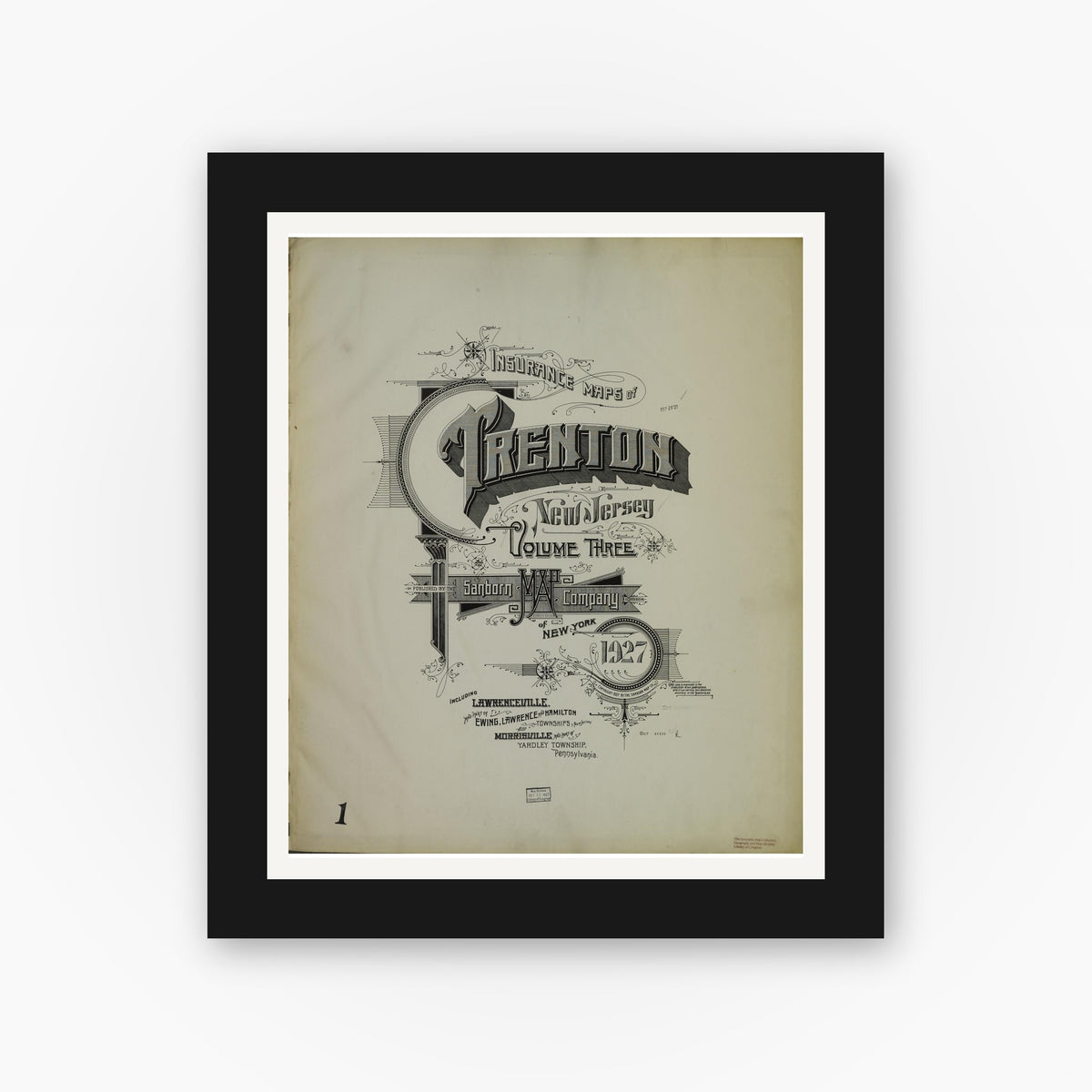 Old map wall art mockup — black gallery frame with white mat — Sanborn Fire Insurance Map from Trenton, Mercer County, New Jersey (1927), Sheet #0001