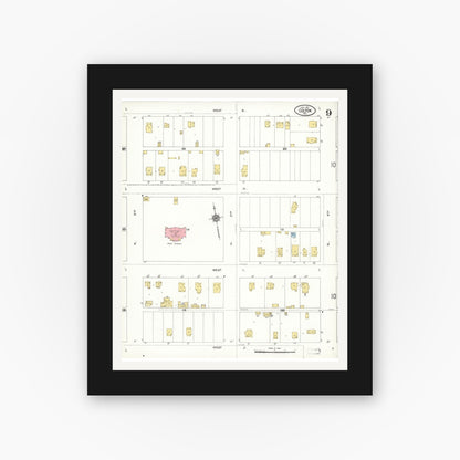 Old map wall art mockup — black gallery frame with white mat — Sanborn Fire Insurance Map from Colton, San Bernardino County, California (1911), Sheet #0009
