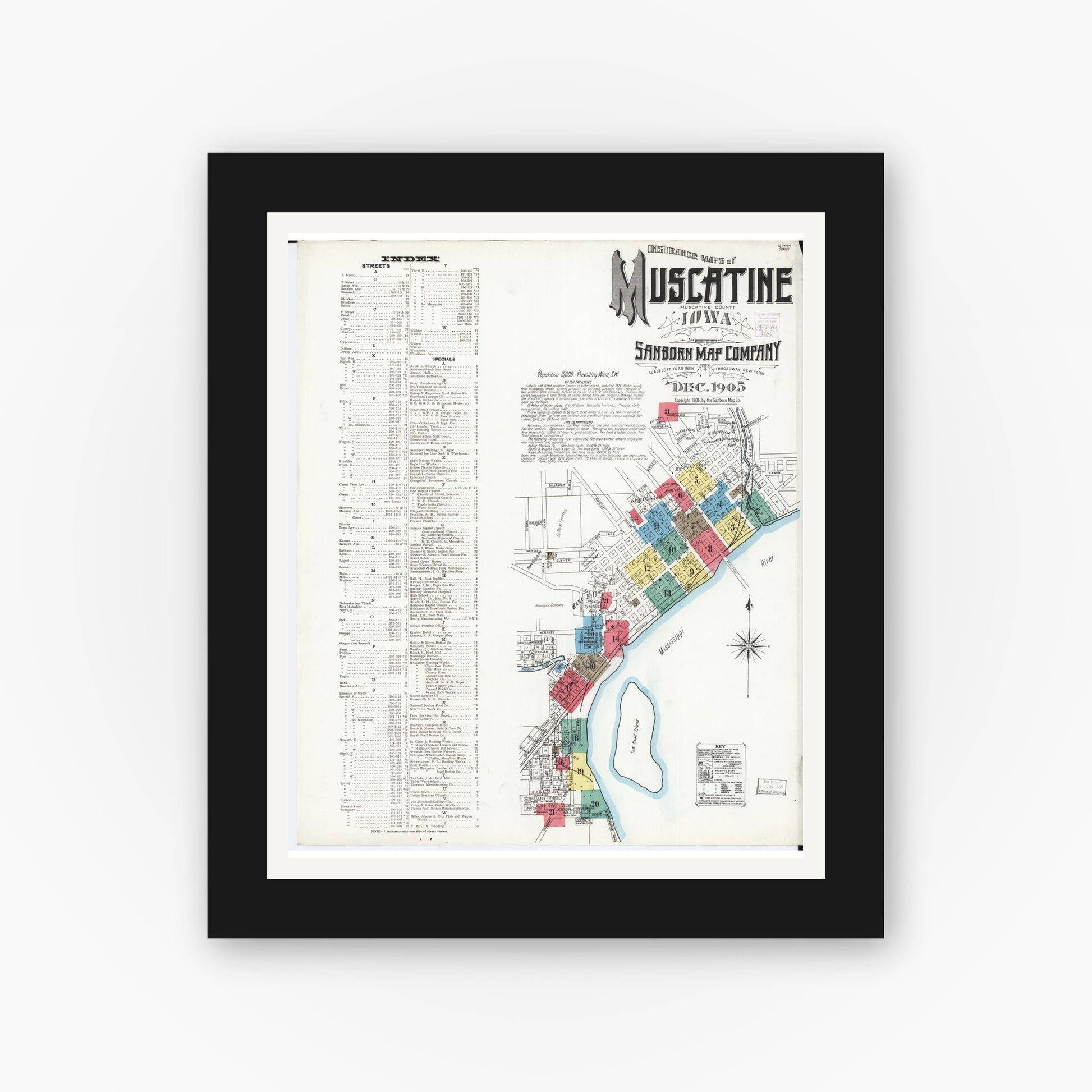 Old map wall art mockup — black gallery frame with white mat — Sanborn Fire Insurance Map from Muscatine, Muscatine County, Iowa (1905) â€” Complete Set