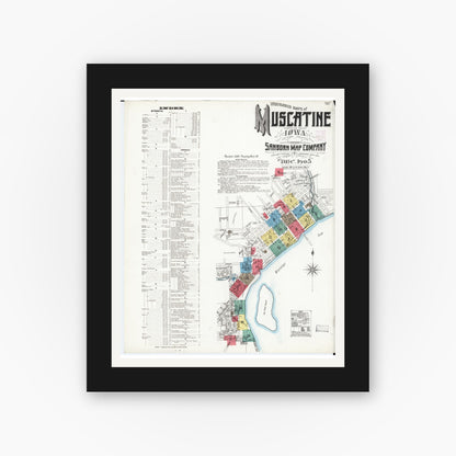 Old map wall art mockup — black gallery frame with white mat — Sanborn Fire Insurance Map from Muscatine, Muscatine County, Iowa (1905) â€” Complete Set