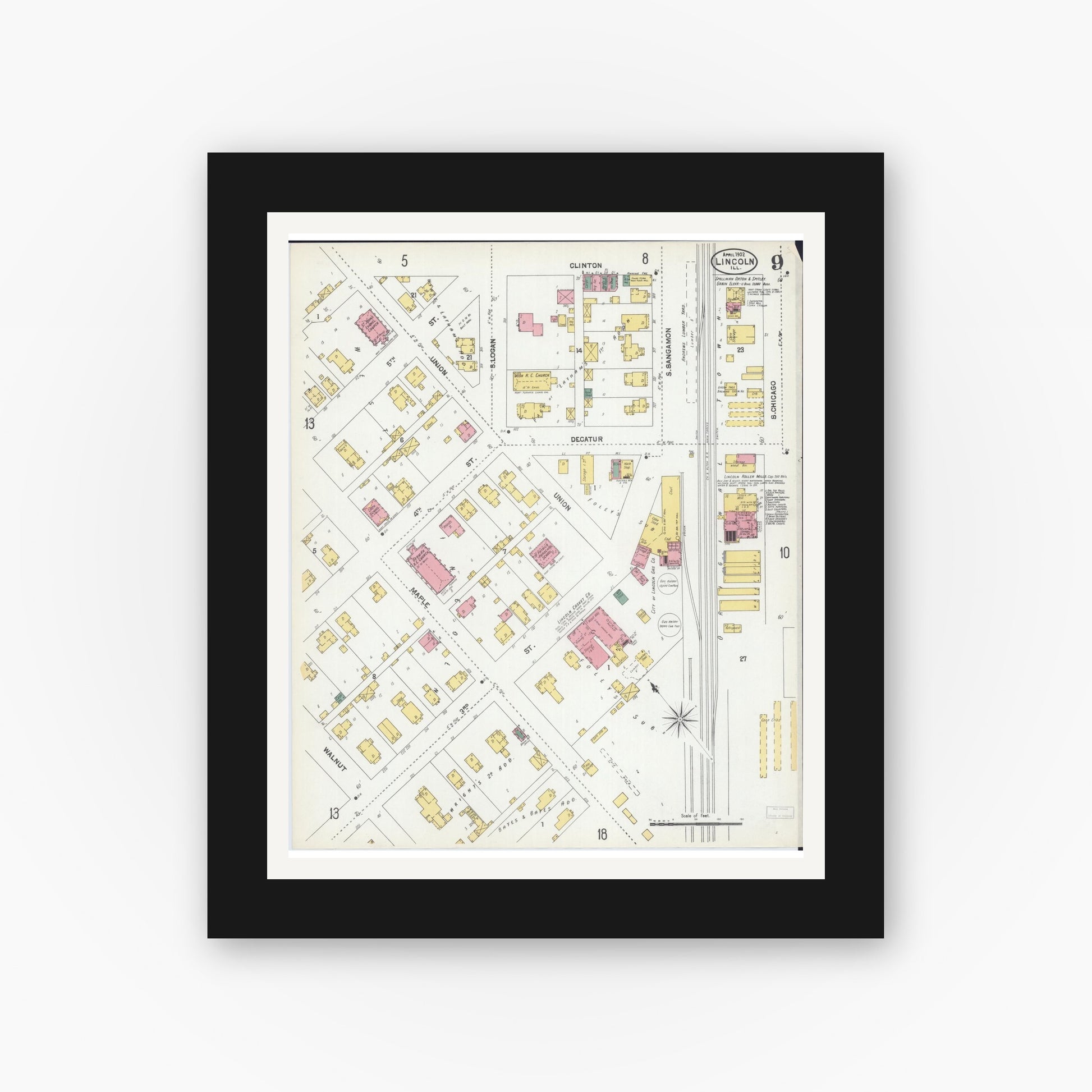Old map wall art mockup — black gallery frame with white mat — Sanborn Fire Insurance Map from Lincoln, Logan County, Illinois (1902), Sheet #0009