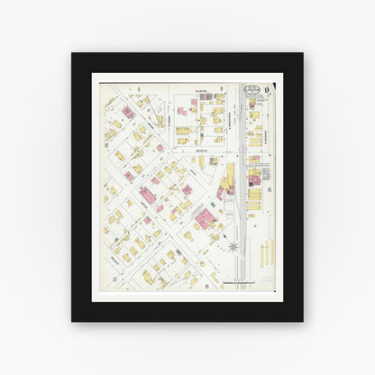 Old map wall art mockup — black gallery frame with white mat — Sanborn Fire Insurance Map from Lincoln, Logan County, Illinois (1902), Sheet #0009
