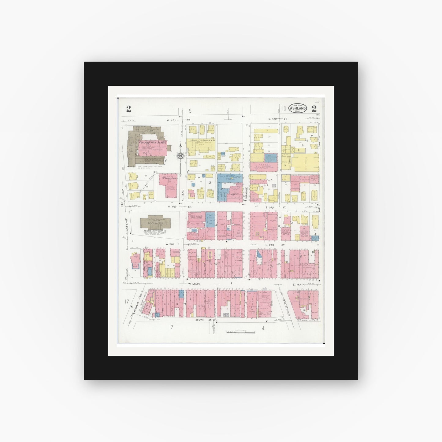 Old map wall art mockup — black gallery frame with white mat — Sanborn Fire Insurance Map from Ashland, Ashland County, Ohio (1930), Sheet #0002