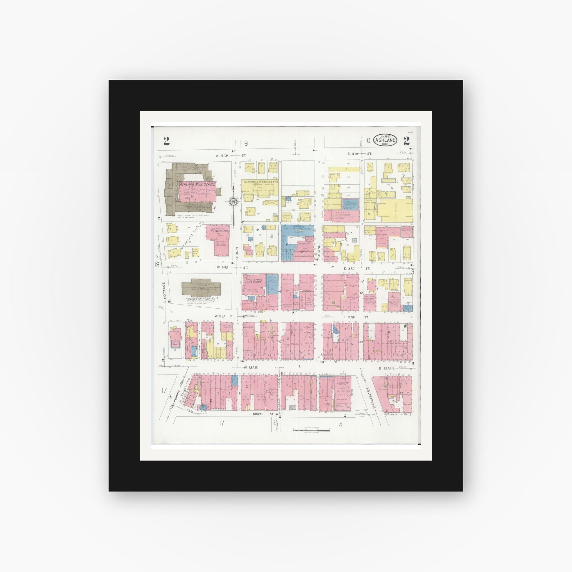Old map wall art mockup — black gallery frame with white mat — Sanborn Fire Insurance Map from Ashland, Ashland County, Ohio (1930), Sheet #0002