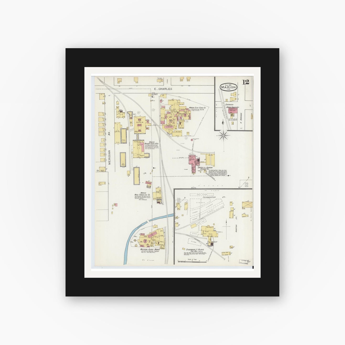 Old map wall art mockup — black gallery frame with white mat — Sanborn Fire Insurance Map from Marion, Grant County, Indiana (1893), Sheet #0012