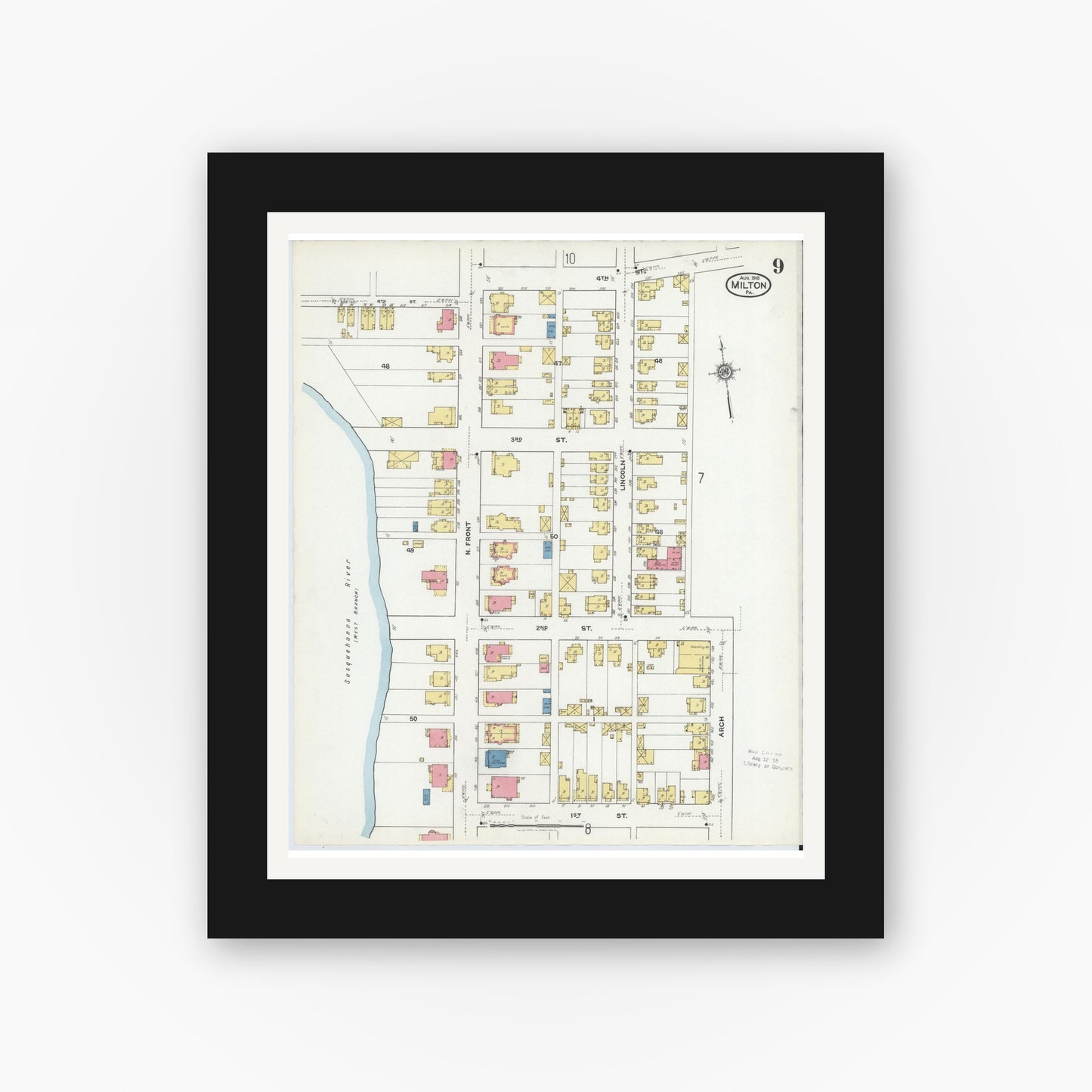 Old map wall art mockup — black gallery frame with white mat — Sanborn Fire Insurance Map from Milton, Northumberland County, Pennsylvania (1918), Sheet #0009