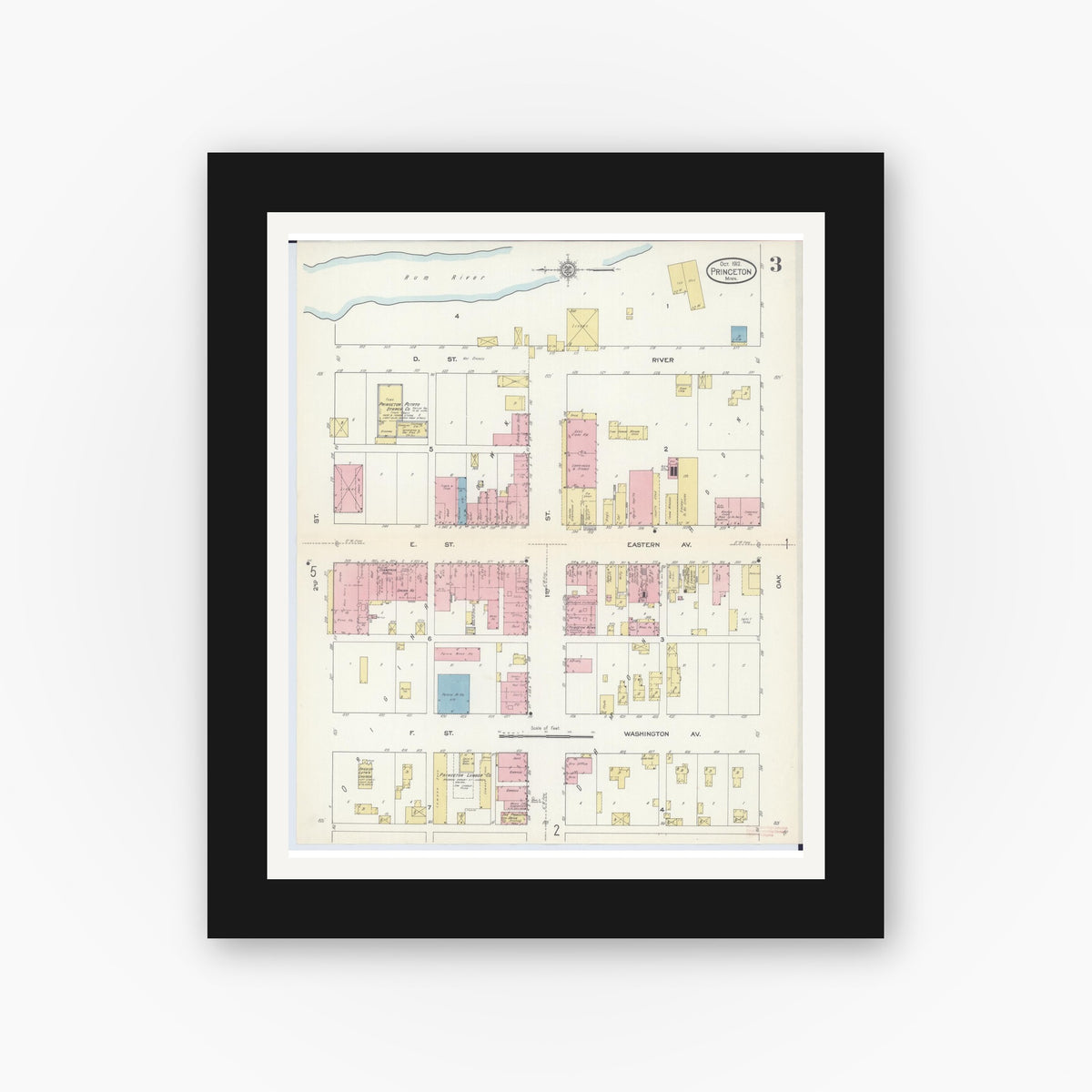 Old map wall art mockup — black gallery frame with white mat — Sanborn Fire Insurance Map from Princeton, Mille Lacs County, Minnesota (1912), Sheet #0003