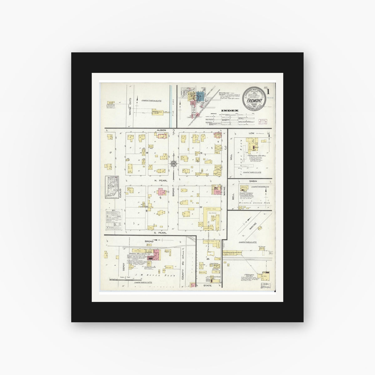 Old map wall art mockup — black gallery frame with white mat — Sanborn Fire Insurance Map from Fremont, Steuben County, Indiana (1914), Sheet #0001