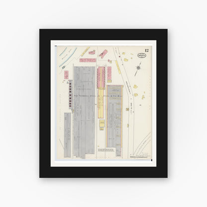 Old map wall art mockup — black gallery frame with white mat — Sanborn Fire Insurance Map from Warren, Trumbull County, Ohio (1915), Sheet #0012