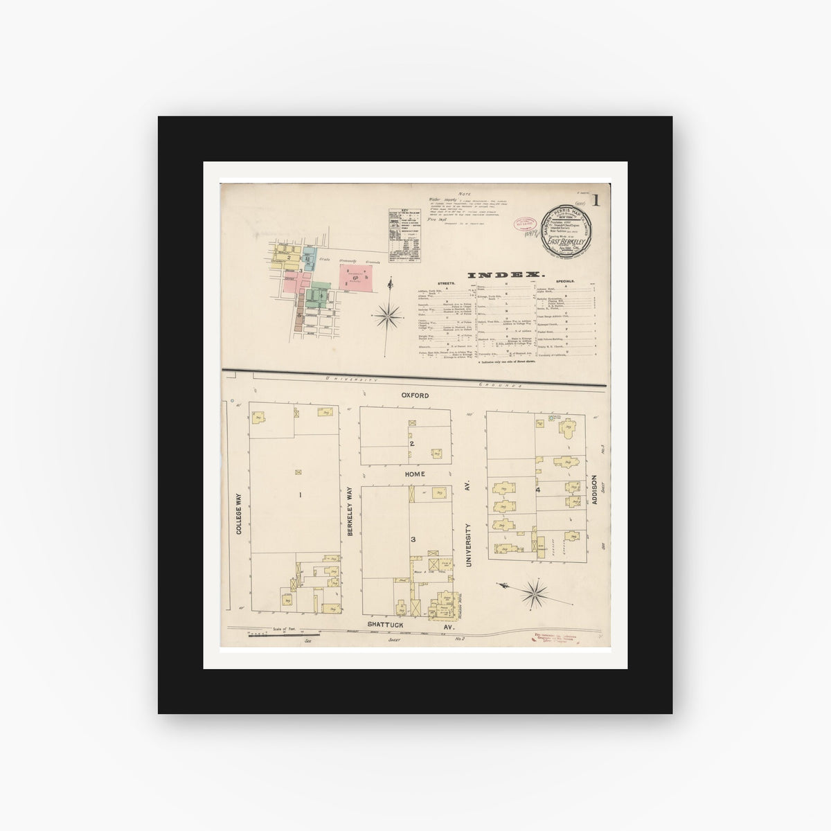Old map wall art mockup — black gallery frame with white mat — Sanborn Fire Insurance Map from East Berkeley, Alameda County, California (1890) - Complete Map Set