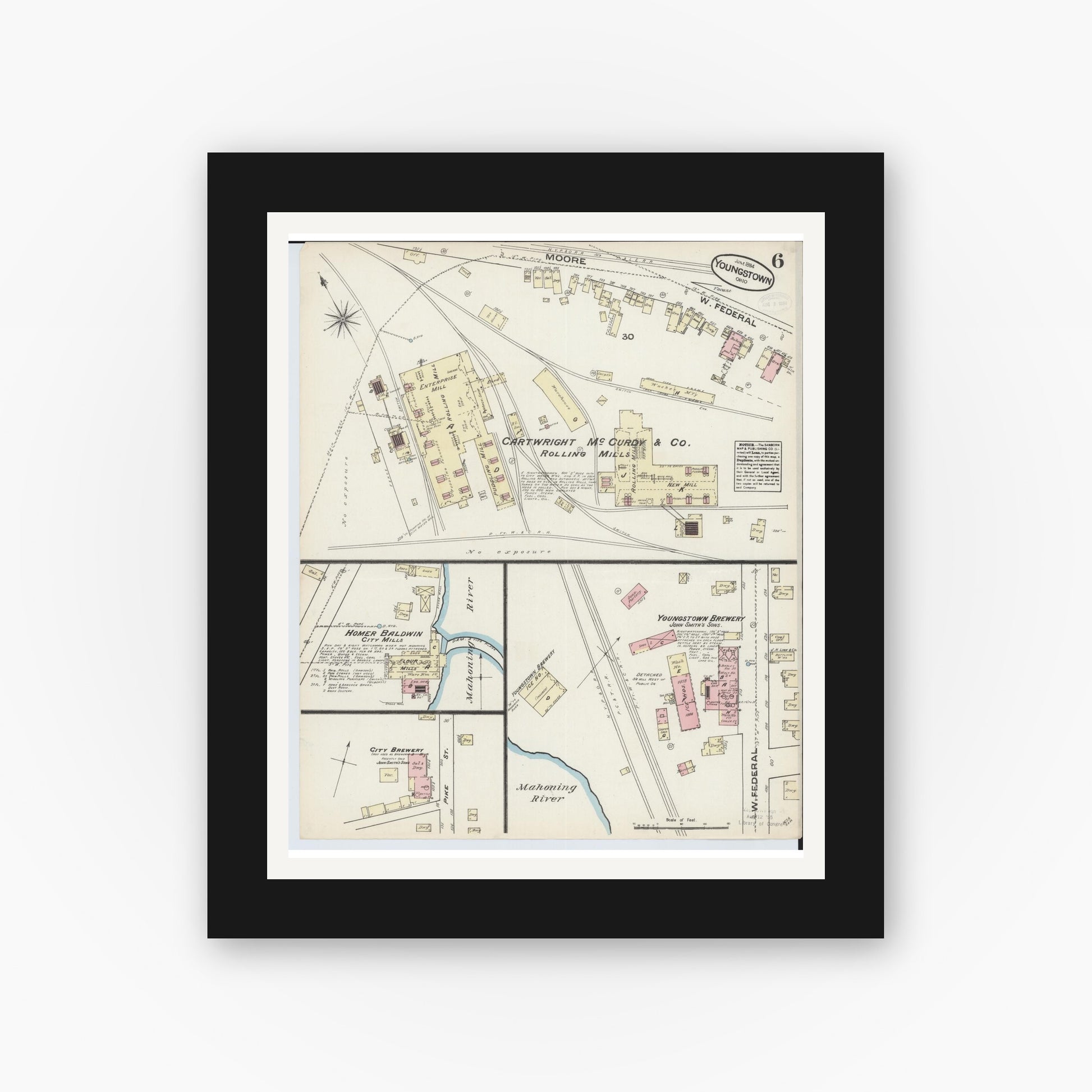 Old map wall art mockup — black gallery frame with white mat — Sanborn Fire Insurance Map from Youngstown, Mahoning County, Ohio (1884), Sheet #0006