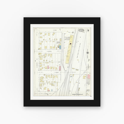 Old map wall art mockup — black gallery frame with white mat — Sanborn Fire Insurance Map from Denison, Grayson County, Texas (1914), Sheet #0009