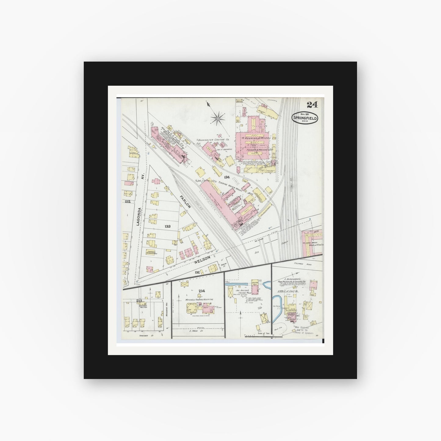 Old map wall art mockup — black gallery frame with white mat — Sanborn Fire Insurance Map from Springfield, Clark County, Ohio (1891), Sheet #0024