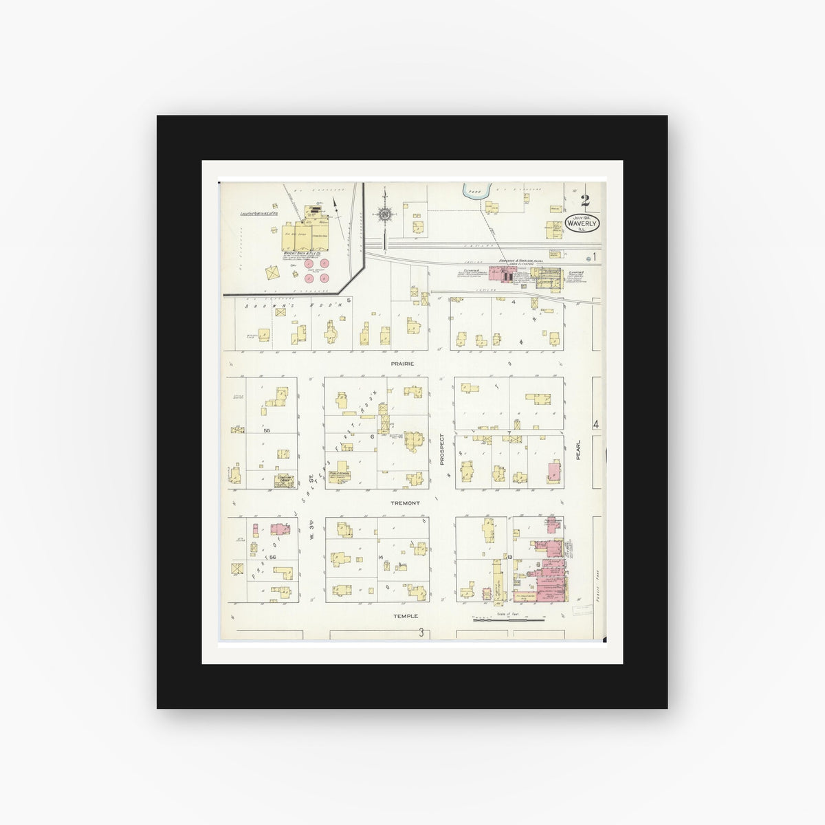 Old map wall art mockup — black gallery frame with white mat — Sanborn Fire Insurance Map from Waverly, Morgan County, Illinois (1914), Sheet #0002