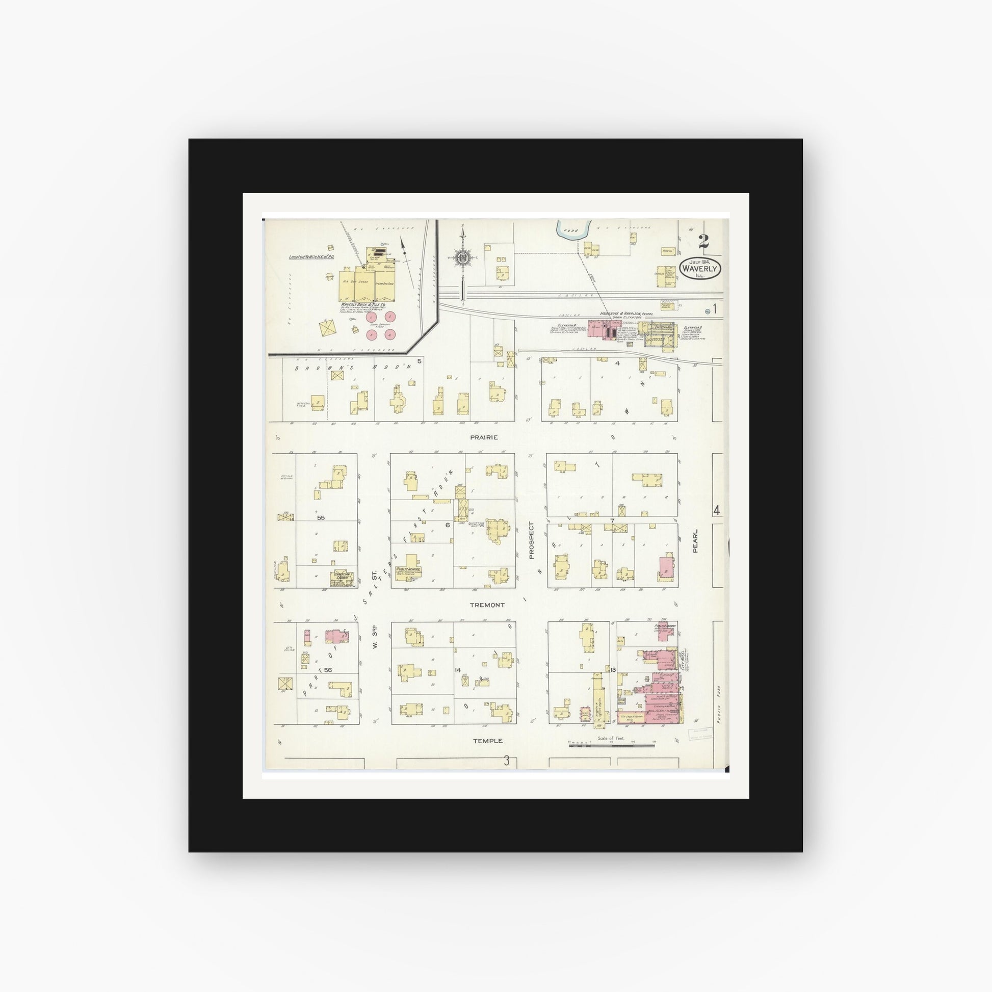 Old map wall art mockup — black gallery frame with white mat — Sanborn Fire Insurance Map from Waverly, Morgan County, Illinois (1914), Sheet #0002