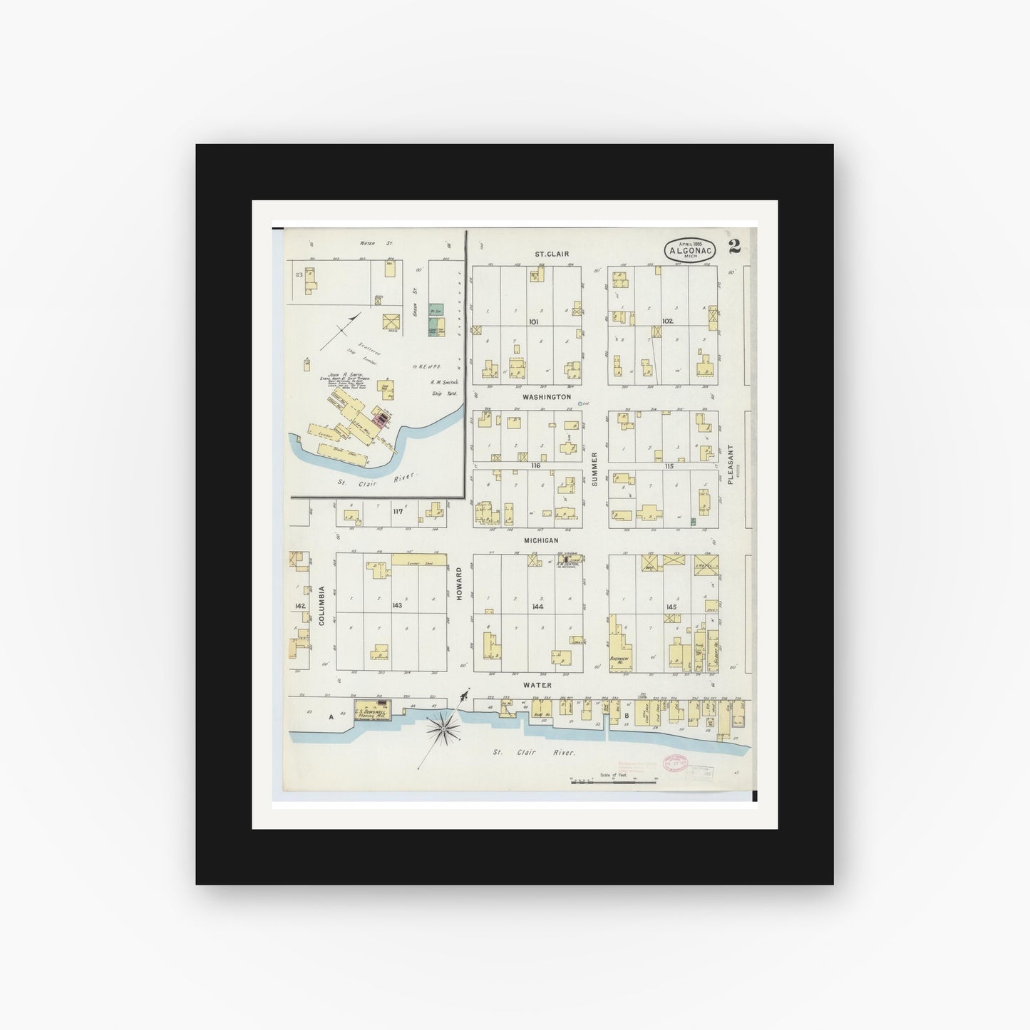 Old map wall art mockup — black gallery frame with white mat — Sanborn Fire Insurance Map from Algonac, Saint Clair County, Michigan (1895), Sheet #0002