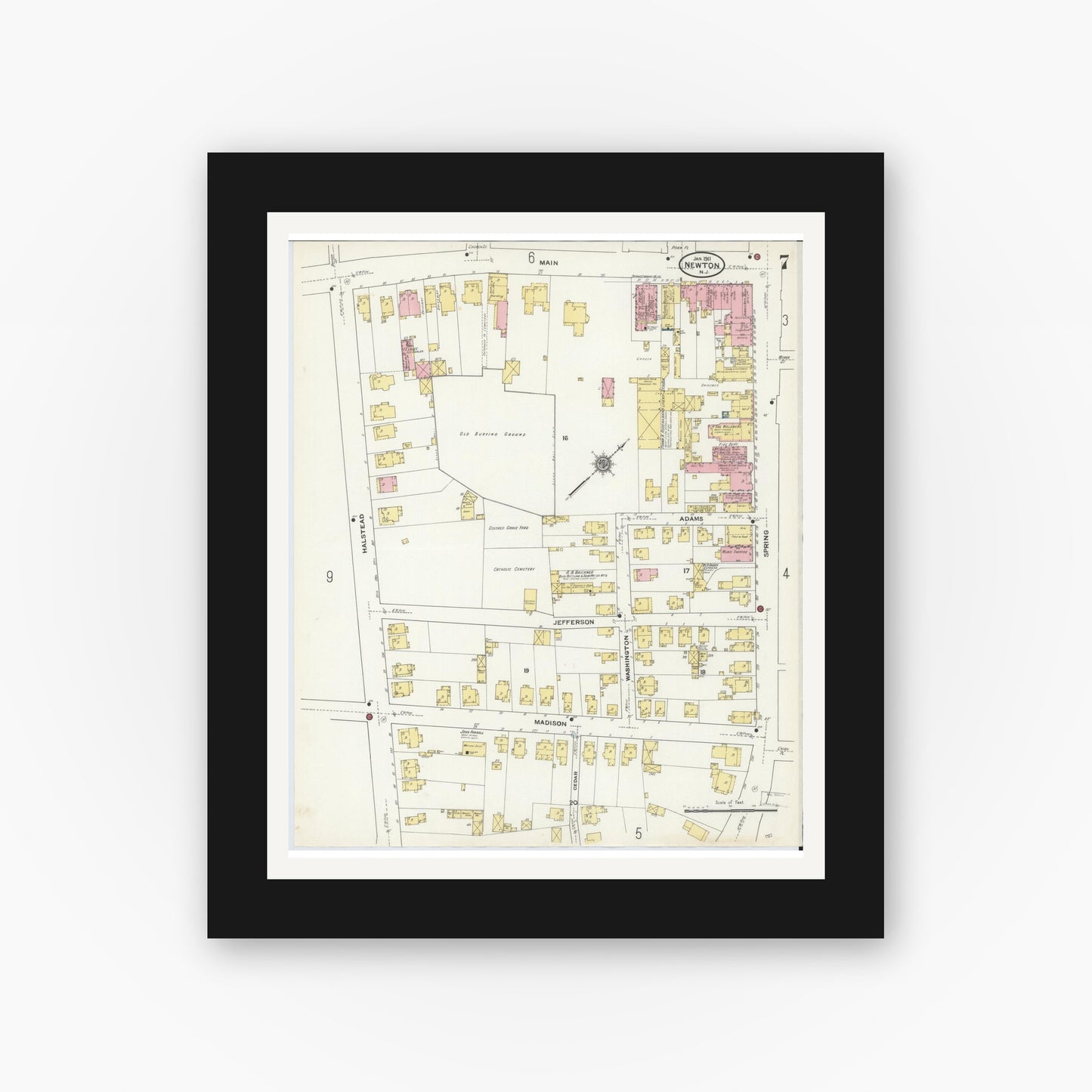 Old map wall art mockup — black gallery frame with white mat — Sanborn Fire Insurance Map from Newton, Sussex County, New Jersey (1911), Sheet #0007