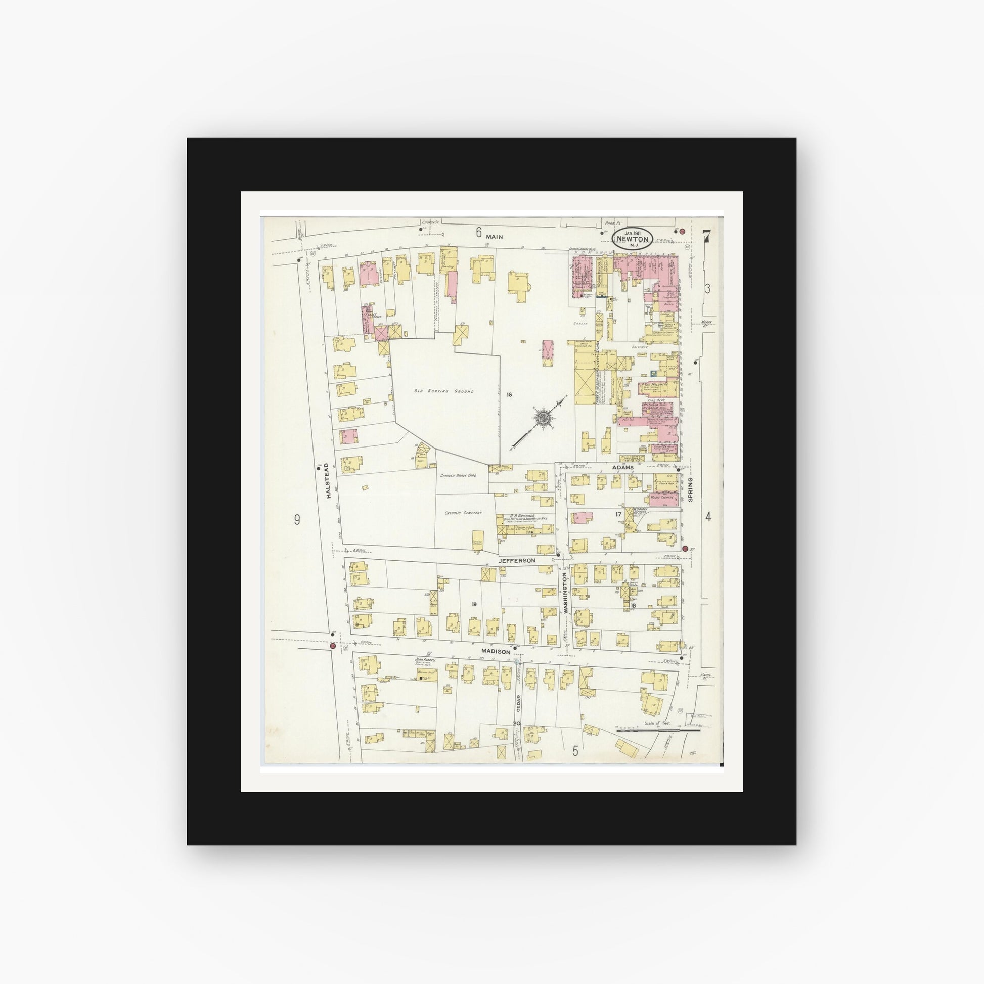 Old map wall art mockup — black gallery frame with white mat — Sanborn Fire Insurance Map from Newton, Sussex County, New Jersey (1911), Sheet #0007